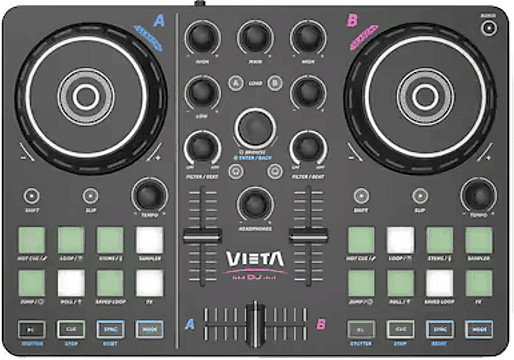 Controladora DJ - Vieta Pro Vega, 2 Canales, USB-C y Minijack 3.5mm, Tarjeta de Sonido Integrada, Negro