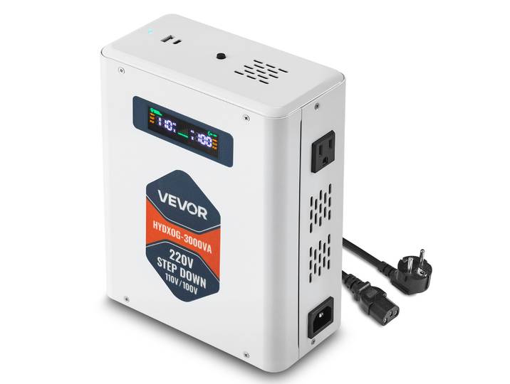 Vevor Transformateur 220 V A 110 V\, Transformateur De Tension Abaisseur 3000 Va\, Avec 2 Prises Americaines\, Sortie Usb\, Ecran Lcd\, Protection Contre Surcharges Surintensites\, Pour Appareils 110 V