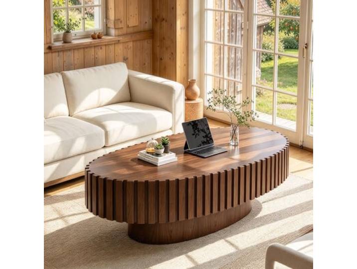 110cm Braun Ovaler Couchtisch mit Rillenstruktur Rustikaler Akzenttisch Moderner Couchtisch aus Holz mit Relief-Furnier Niedriger Wohnzimmertisch für kleine Räume Einfache Montage
