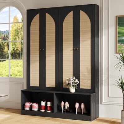 Wooden Hall Tree with Rattan Doors, Storage Bench, 6 Hooks and Adjustable Shelves by GDFStudio