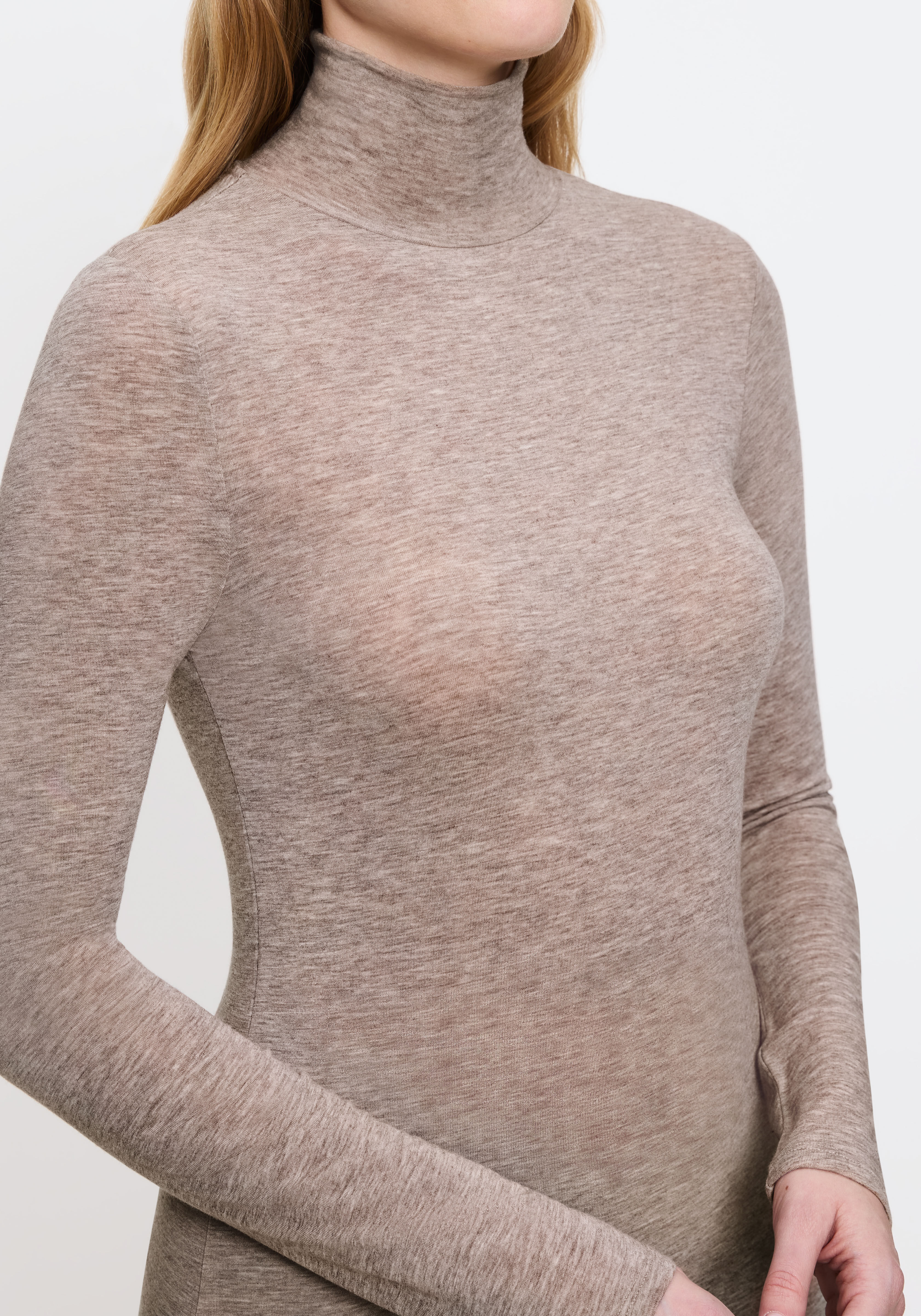Langarmshirt TRIUMPH "Beauty Layers Top LSL Turtleneck 04", Damen, Gr. L, braun (braun, light combination), Single Jersey, Obermaterial: 48% Wolle, 48% Modal, 4% Elasthan, figurbetont hüftbedeckend, ohne Ausschnitt, Shirts Langarmshirt, temperaturausgleic