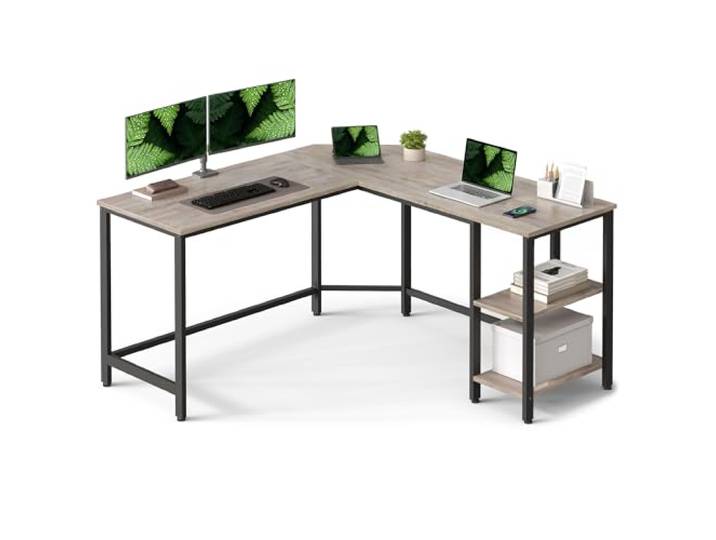 VASAGLE Schreibtisch, L-förmiger Computertisch, 138 x 138 x 76 cm, Eckschreibtisch mit 2 Ablagen, platzsparender Bürotisch, Gaming, Homeoffice, einfacher Aufbau, Greige-schwarz LWD72MB