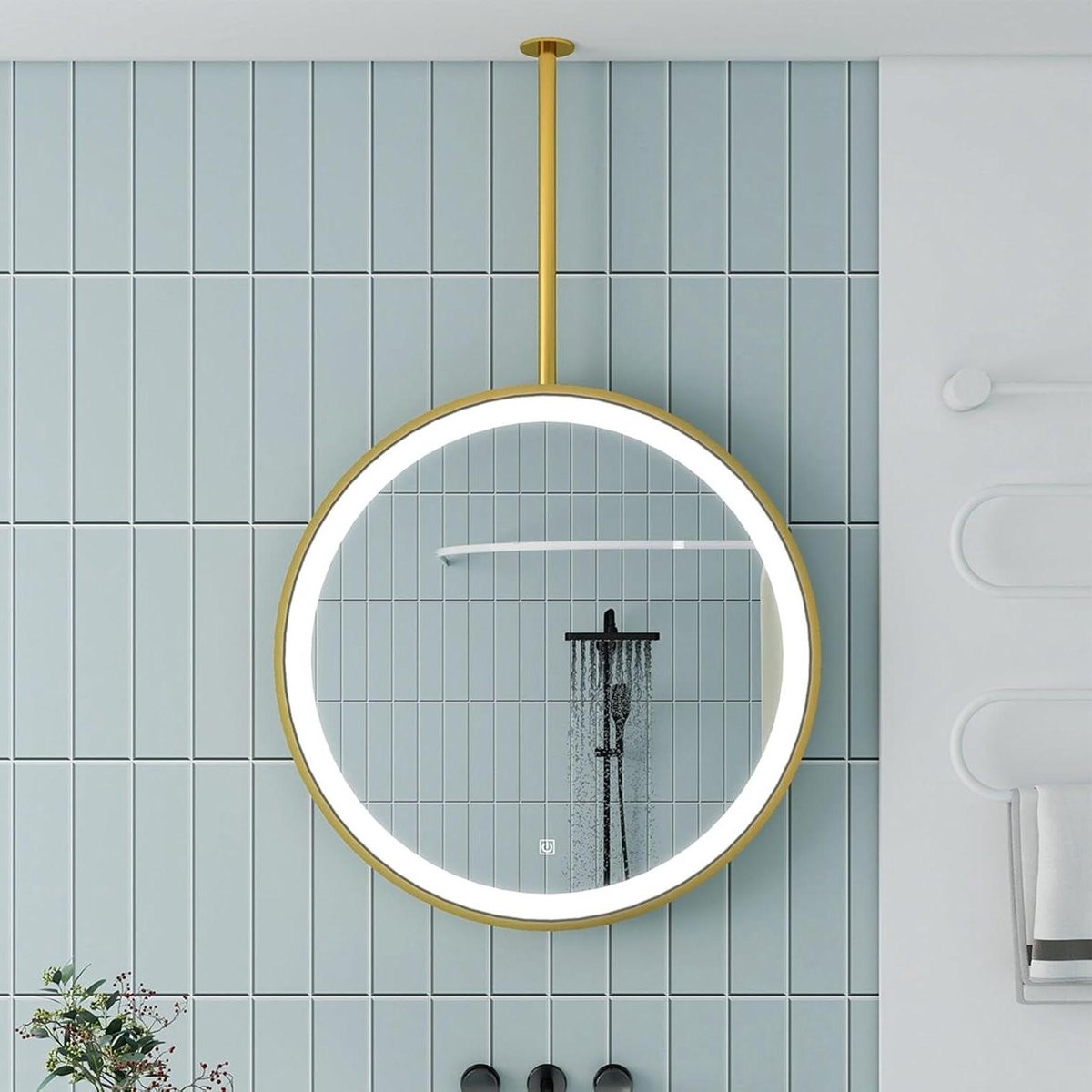 Ronde verlichte spiegel met driekleurig dimbare verlichting en goud afwerking, Diameter: 50 cm