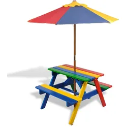 vidaXL Kinder-Picknicktisch mit Bänken & Sonnenschirm Mehrfarbig Holz