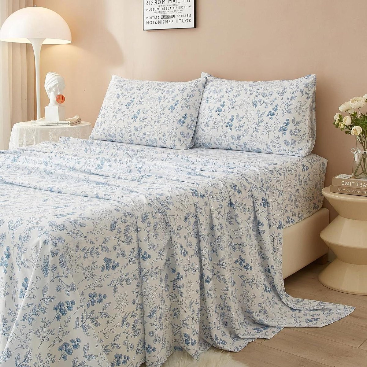 Bloemen Lakenset - Eenpersoons XL - Wit met Vintage Blauwe Bloemenprint