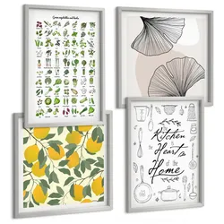 BILDER SET 4er Set - 50x50 cm & 40x60 cm Silberner Rahmen - Küchenkräuter-Zitronen-Malerei