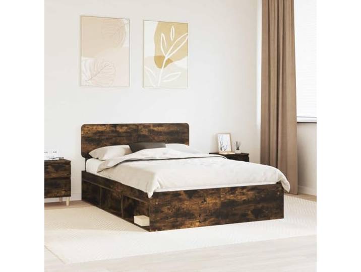 Massives Kiefernholz Stabilität Schlafzimmer Modern 140 x 190 cm Braun Bettrahmen Geräucherte Eiche 140x190 cm Massives Kiefernholz Bettgestell mit Kopfteil Lattenrost Stabil