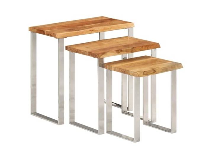 TEKGHUT Satztische mit Baumkante 3 STK. Massivholz Akazie mit U-Beinen Massives Akazienholz, natürliche Baumkante, pulverbeschichtete Stahlbeine, Wohnzimmer, Flur, Deko-Präsentation