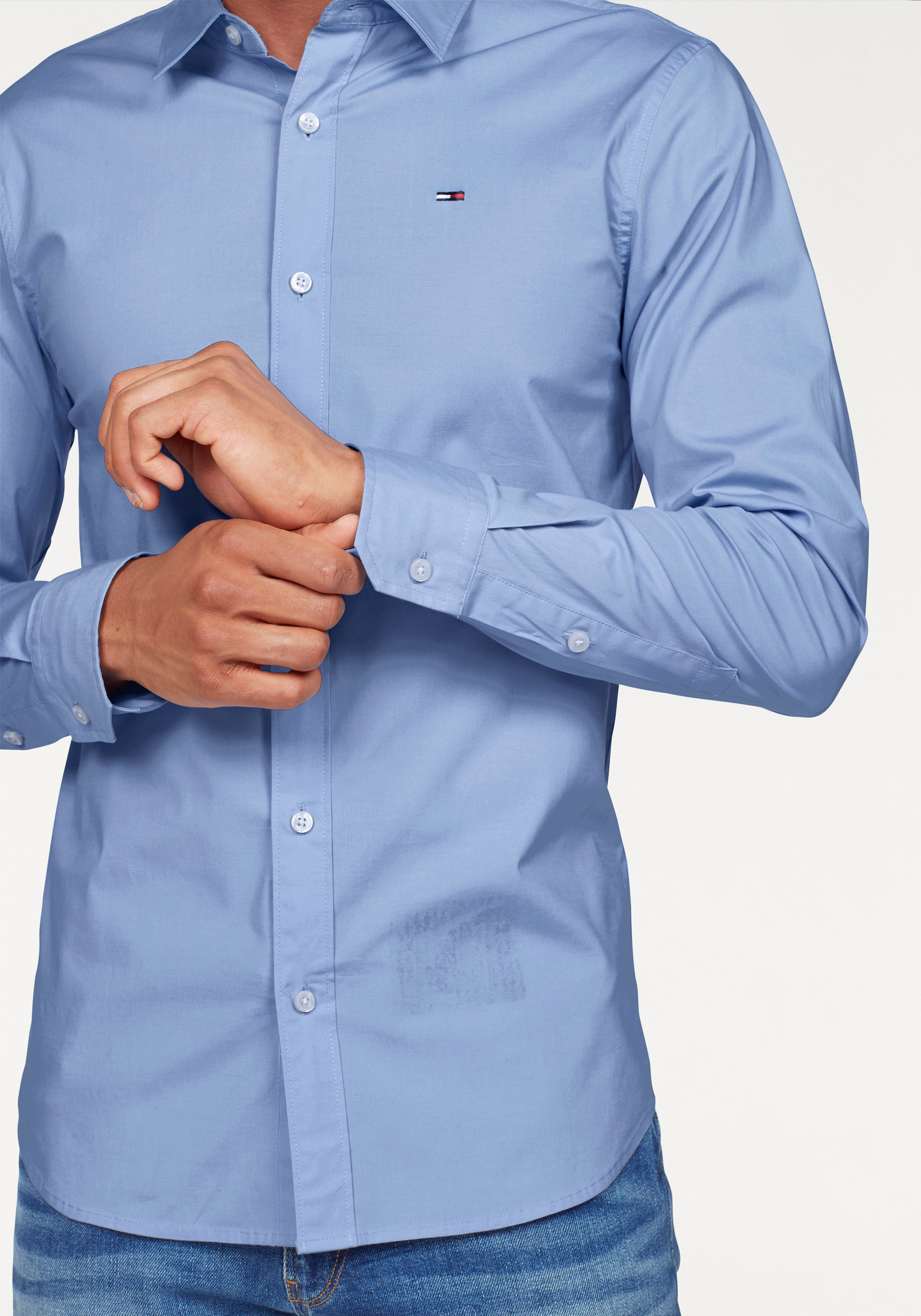 Langarmhemd TOMMY JEANS "Sabim Stretch Shirt", Herren, Gr. XXL, N-Gr, blau (lavender lustre), Web, Obermaterial: 97% Baumwolle, 3% Elasthan, unifarben, schmal normal, Rundhals, eingesetzt 2-Knopf-Manschette mit Schlitz, Hemden Langarmhemd, Stretch Hemd, P
