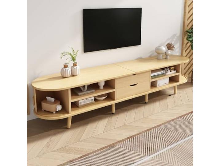 Ball & Cast TV Schrank (175×40×42cm) mit Holzmaserung 2 Schubladen, Fernseher Tisch mit Runder Tischplatte, Bequeme Montage, Walnussfarbe