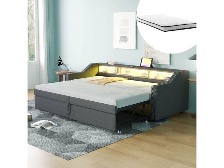 Lit convertible - SOGEU - Canapé-lit gigogne 90/180x200 cm - Rembourré - Rangement multifonction - LED & USB