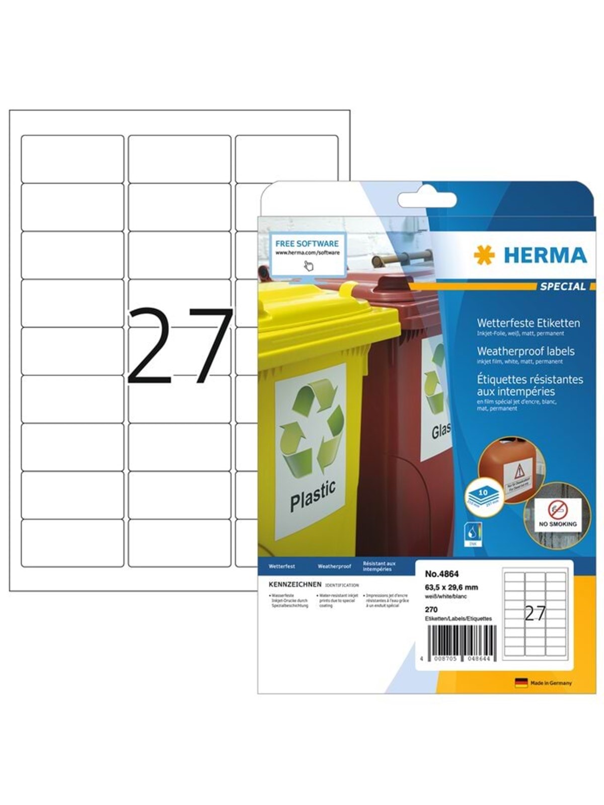 HERMA Wetterfeste Inkjet-Etiketten A4, 63,5 x 29,6 mm, weiß, permanent haftend