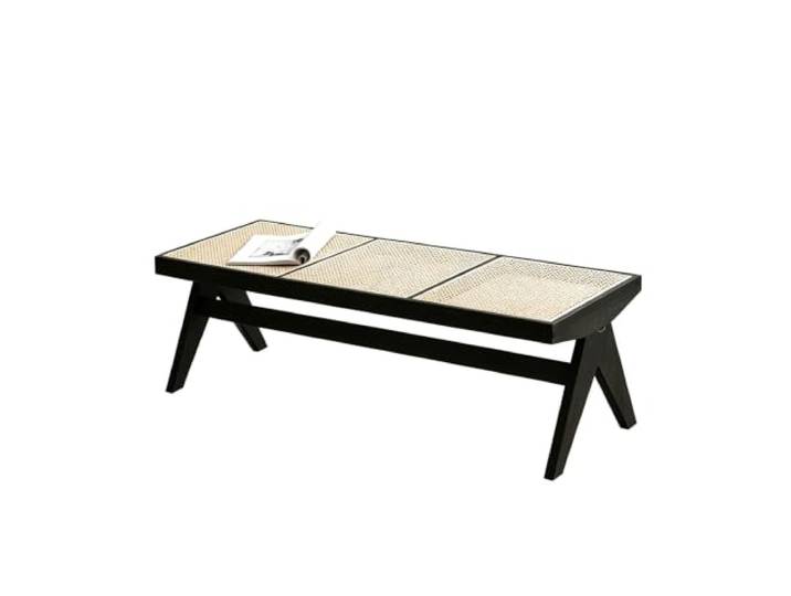 CSPJPIZIYB Mittelalterliche Massivholz‑Rattan‑Bank, Sitzbank für 3 Personen 128 cm Boho‑Rattan‑Sitz mit Umgekehrt V‑förmigen Beinen, Handgewebter Rohrsitz für Schlafzimmer, Wohnzimmer(Black)