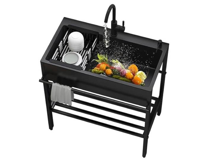 ZQFHSX Schwarze Edelstahl-Küchenspüle, 68 cm, 1 Becken, freistehendes Outdoor-Waschbecken mit Werkstatt
