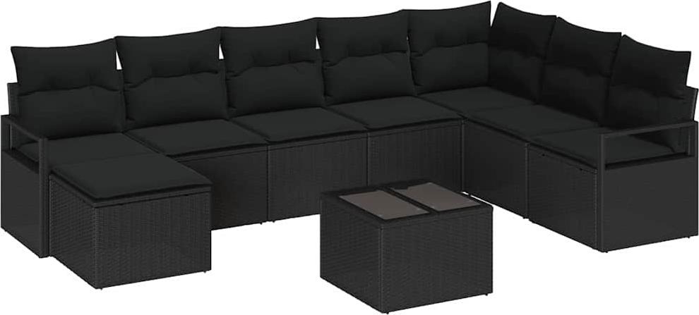Modulares Garten-Sofa Set, 9-teilig, für Terrasse & Balkon, Poly Rattan Schwarz Matt, mit Schaumkissen, höhenverstellbarer Tisch, 7 Sitzplätze