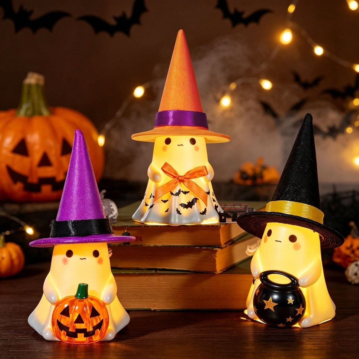 Set van 3 Keramieken Spookbeelden met LED-verlichting voor Halloween Decoratie