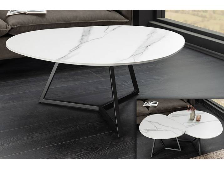 Design Couchtisch MARVELOUS 90cm weiß Marmor Keramik schwarzes Metall organisch Sofatisch Wohnzimmertisch Modern & Design