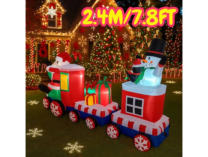 Jouet de fête de noël en plein air, 7.8 pieds, décorations de noël, Train gonflable du père noël, jouets, ornements de cour de maison avec décor LED