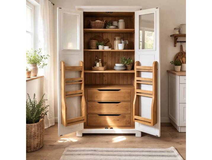 Großer Vorratsschrank Landhausstil Küche altweiß-braun