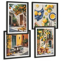 BILDER SET 4er Set - 50x50 cm & 40x60 cm Schwarzer Rahmen - Zitrusbäume in einem sonnigen Garten