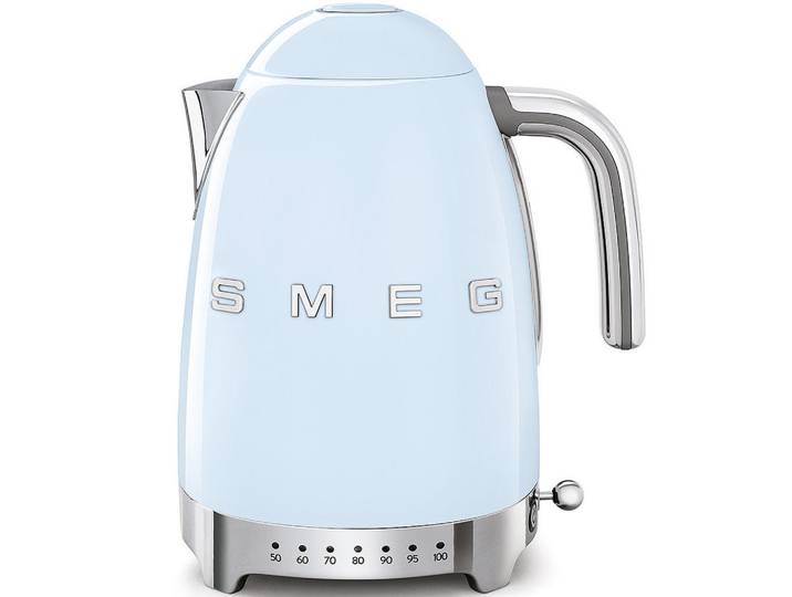 Smeg Wasserkocher, Pastellblau, Metall, 1.7 l, 22.6x24.8x17.1 cm, kabellos, automatische Abschaltung, manuelle Abschaltung, Überhitzungsschutz, 360°-Sockel, Anti-Rutsch-Füsse, ergonomischer Griff, abgedecktes Heizelement, weit aufklappbarer Deckel, herausnehmbarer Filter, Signalton, Warmhaltefunktion, Beleuchtung, variable Temperaturauswahl, Kochgeschirr, Küchengeräte, Wasserkocher
