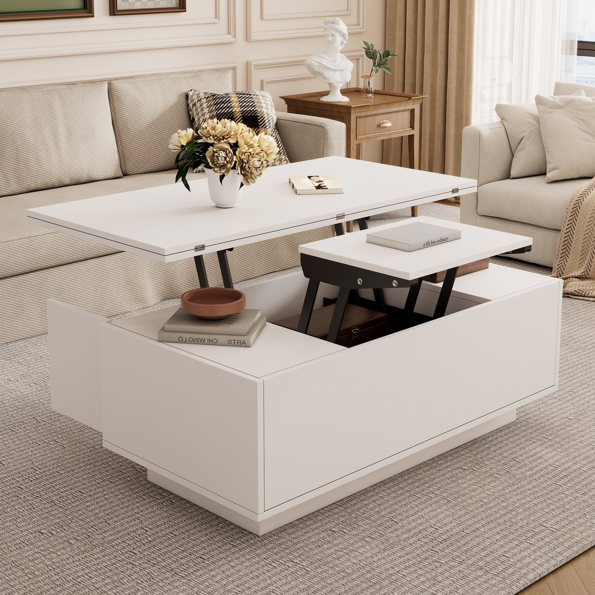 REDOM Moderne multifunctionele salontafel met dubbel hefsysteem en verborgen opbergruimte, wit