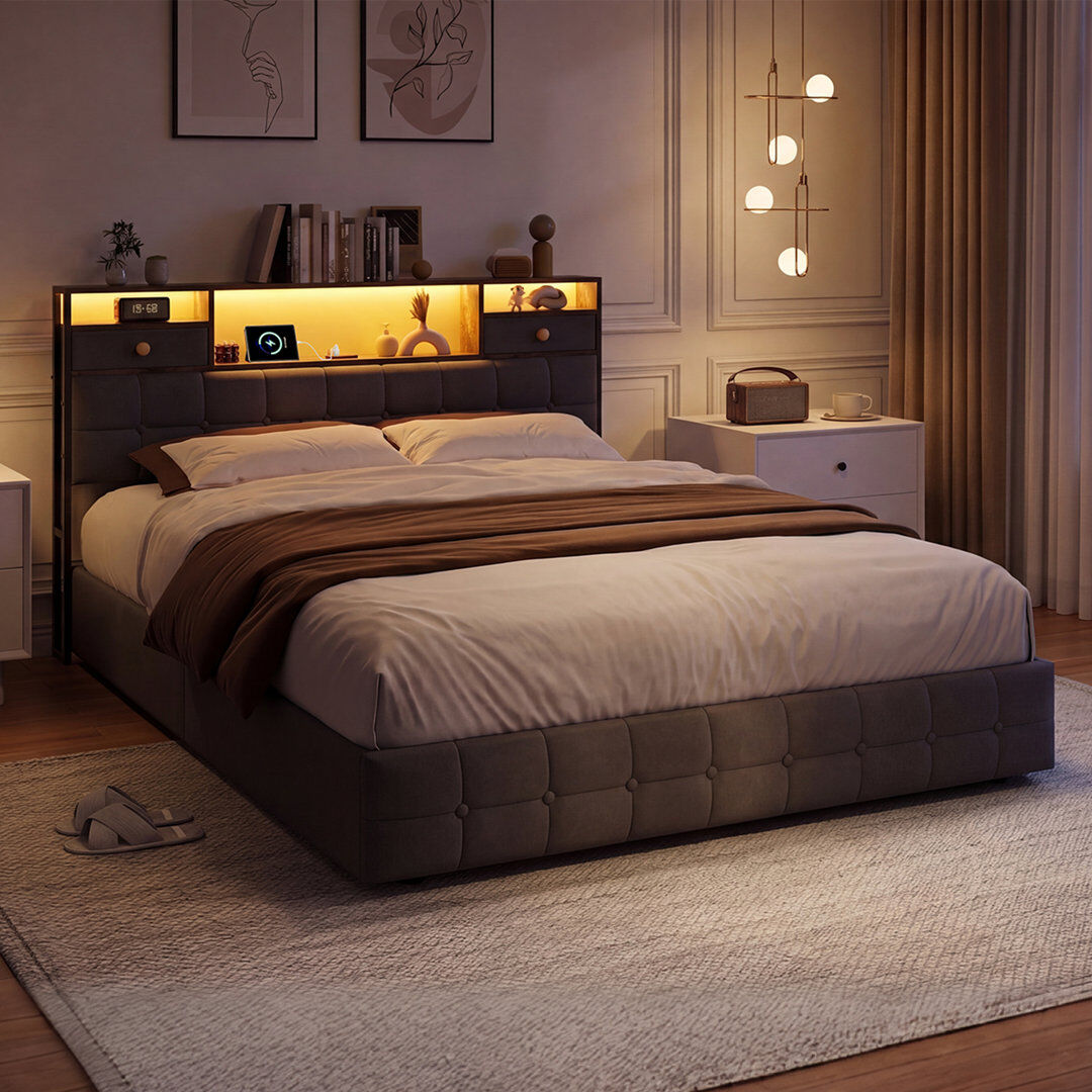Harriet Bee Upholstered Velvet Lift Up Storage Bed Gray European Kingsize (160 x 200 cm)