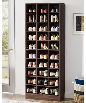 yuzhou 30 Pairs Tall Shoe Cabinet, 10 Tiers White Wooden Shoe Storage Rack for Closet, Entryway - 10-tier
