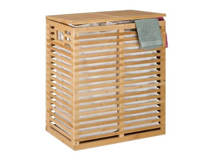 Relaxdays Wäschekorb mit Deckel, 2 herausnehmbare Säcke, je 44 l, HBT: 61x53x35 cm, Wäschesammler Bambus, Natur/beige