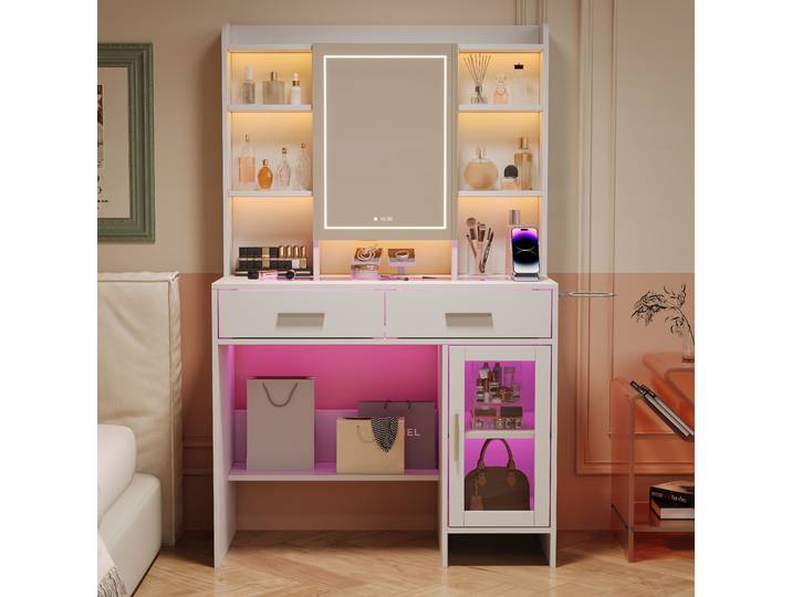 Rosahqnda Coiffeuse à éclairage LED avec luminosité réglable Coiffeuse avec miroir table cosmétique avec tiroirs