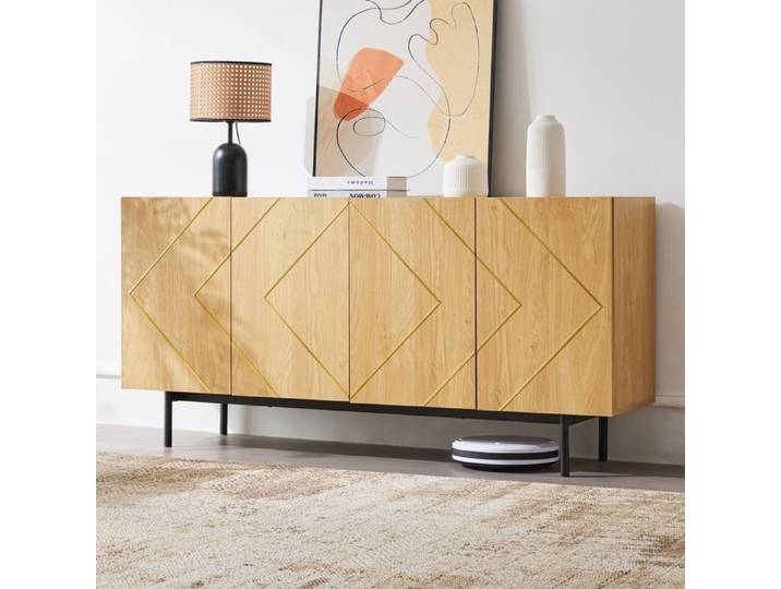 Buffet Salon Meuble de Rangement avec 4 Portes et Incrustation en Métal Style Moderne Buffet Salle à Manger 160x40x78cm