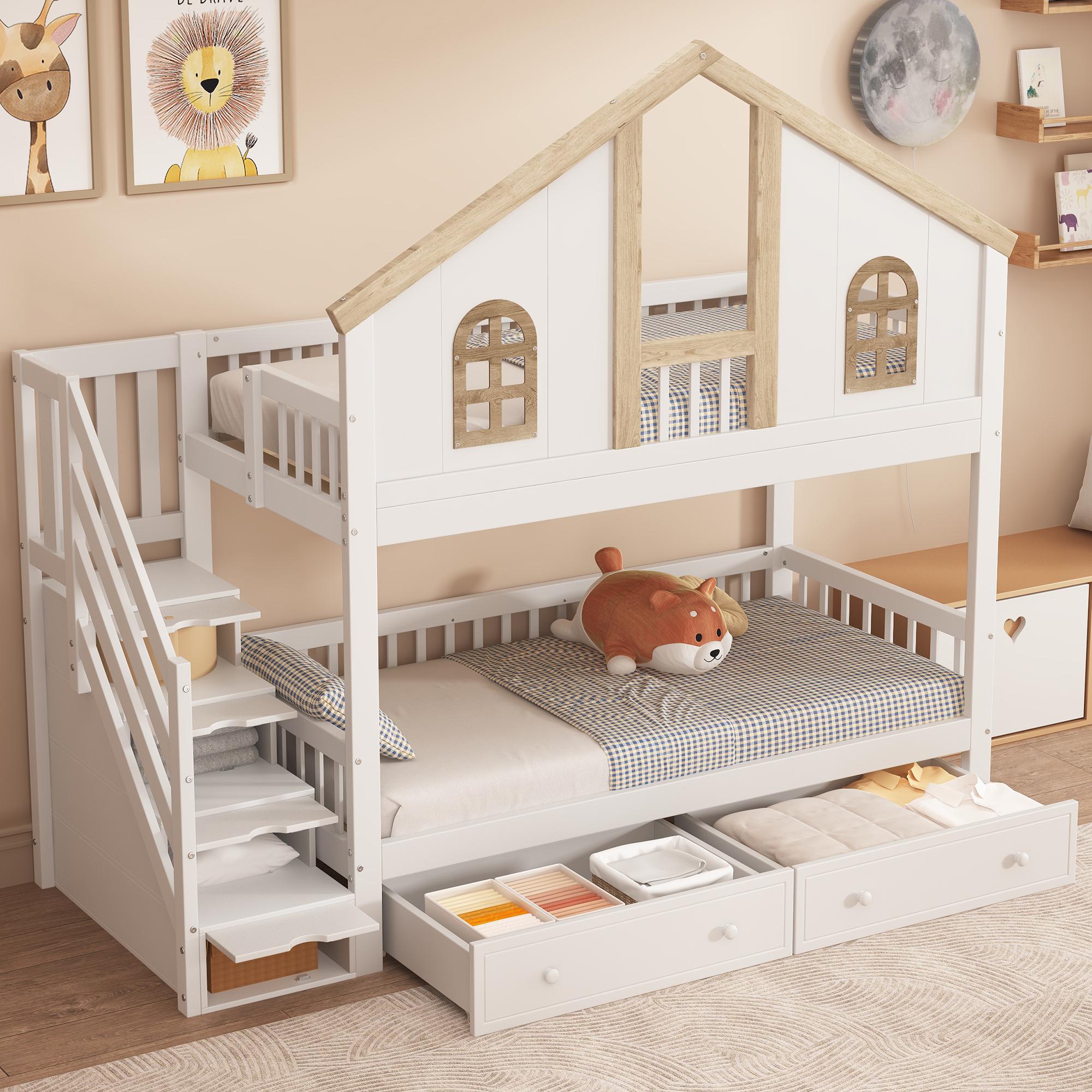 okwish Etagenbett 90×200 mit Rausfallschutz,großen Schubladen und Stauraumtreppe,Jugendbett mit Fensterdesign,Holzbett Weiß,ohne Matratze
