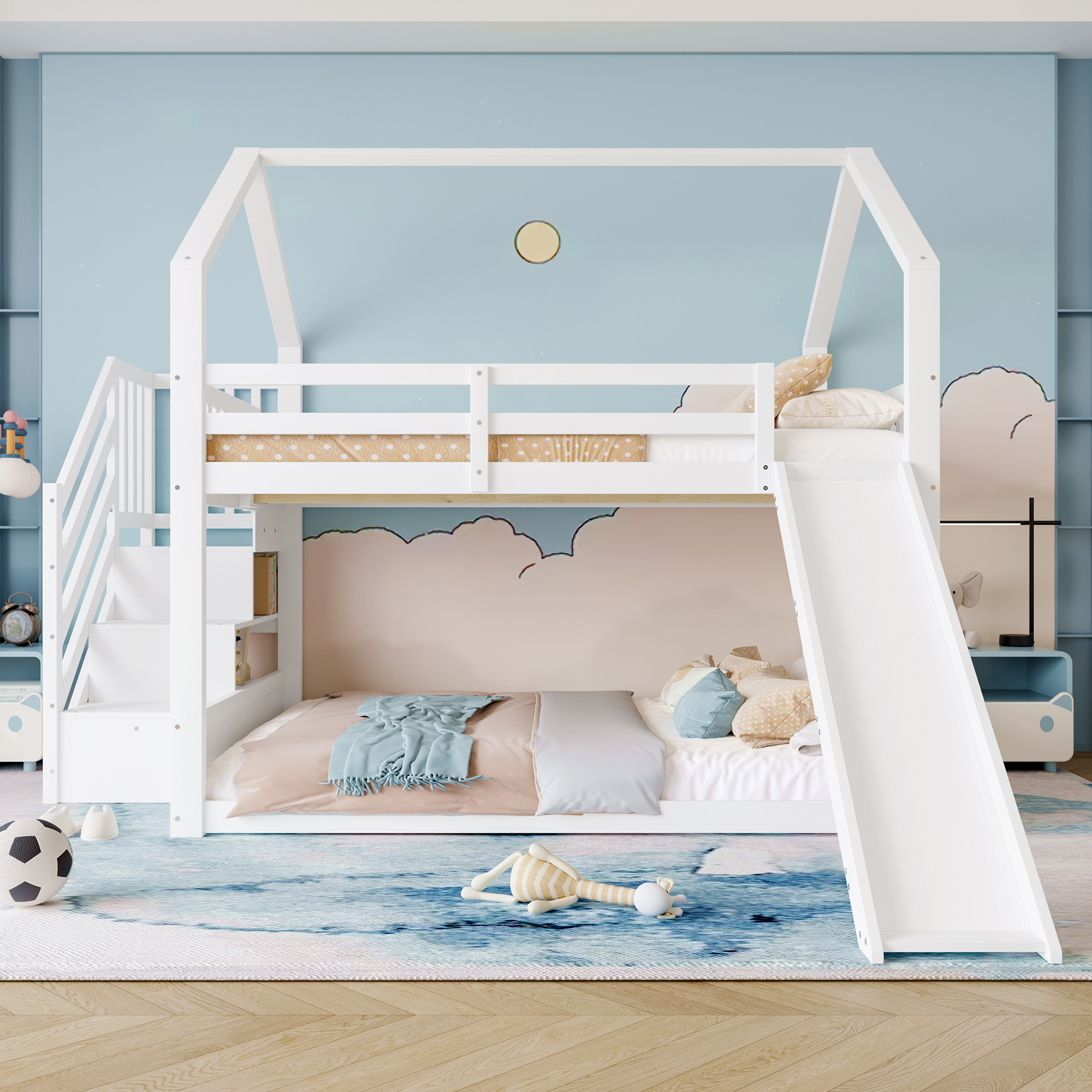 okwish Etagenbett 140x200cm, Heimbett mit Stauraumtreppe und Rutschen, Kinderbett mit Geländer für Kinder und Jugendliche geeignet, Weiß