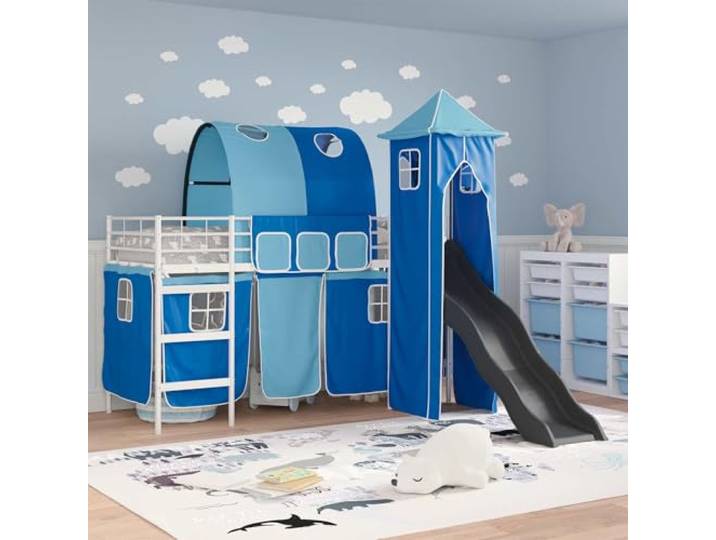 SKTQYQO Bett Loft aus Metall, Weiß und Blau, 75 x 190 cm Faltbare Struktur, atmungsaktive Netzpaneele, blaue und schwarze Vorhänge, Spielraum unten