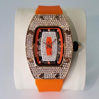 Fashion Sheath Elegant Tonneau Watch For Women Featuring Dazzling Iced Out Watch Details And A Comfortable Rubber Strap Watch Design. rose Gold Orange