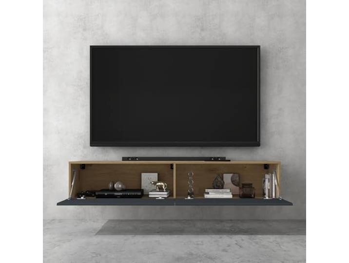 doporro TV Schrank, Lowboard hängend, TV Board, 280cm TV lowboard Wand Fernsehtisch mit Klapptür, in Kerneiche und Matt Anthrazit, 280 x 40,2 x 30 cm, Fernsehschrank02