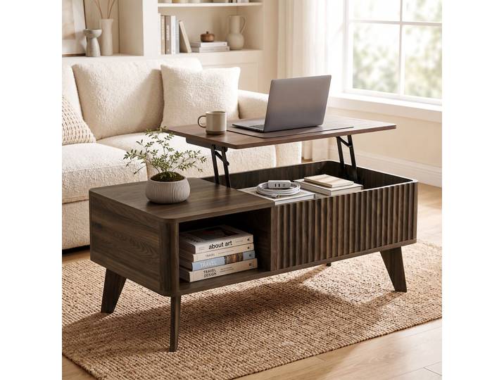 HOMCOM Table Basse Relevable Noyer 100x48x41-56cm Compartiment