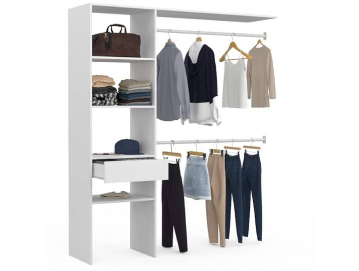 IDMarket - Kit dressing penderie MELINE 160 x 40 x 180 cm blanc Avec double penderie + 4 étagères + 1 tiroir