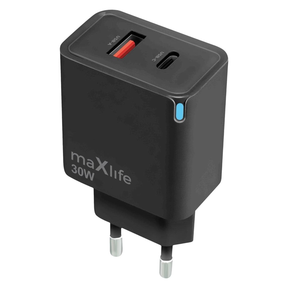 Maxlife MXTC-09-30AC GaN PD QC-Ladegerät, 1x USB-C, 1x USB, 30 W, schwarz (30 W, 2 Ports) (77477042)