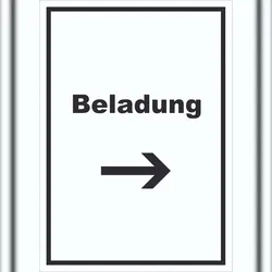 HB-Druck Beladung Schild mit Text und Richtungspfeil rechts Transport Fracht hochkant A0 (841x1189mm)