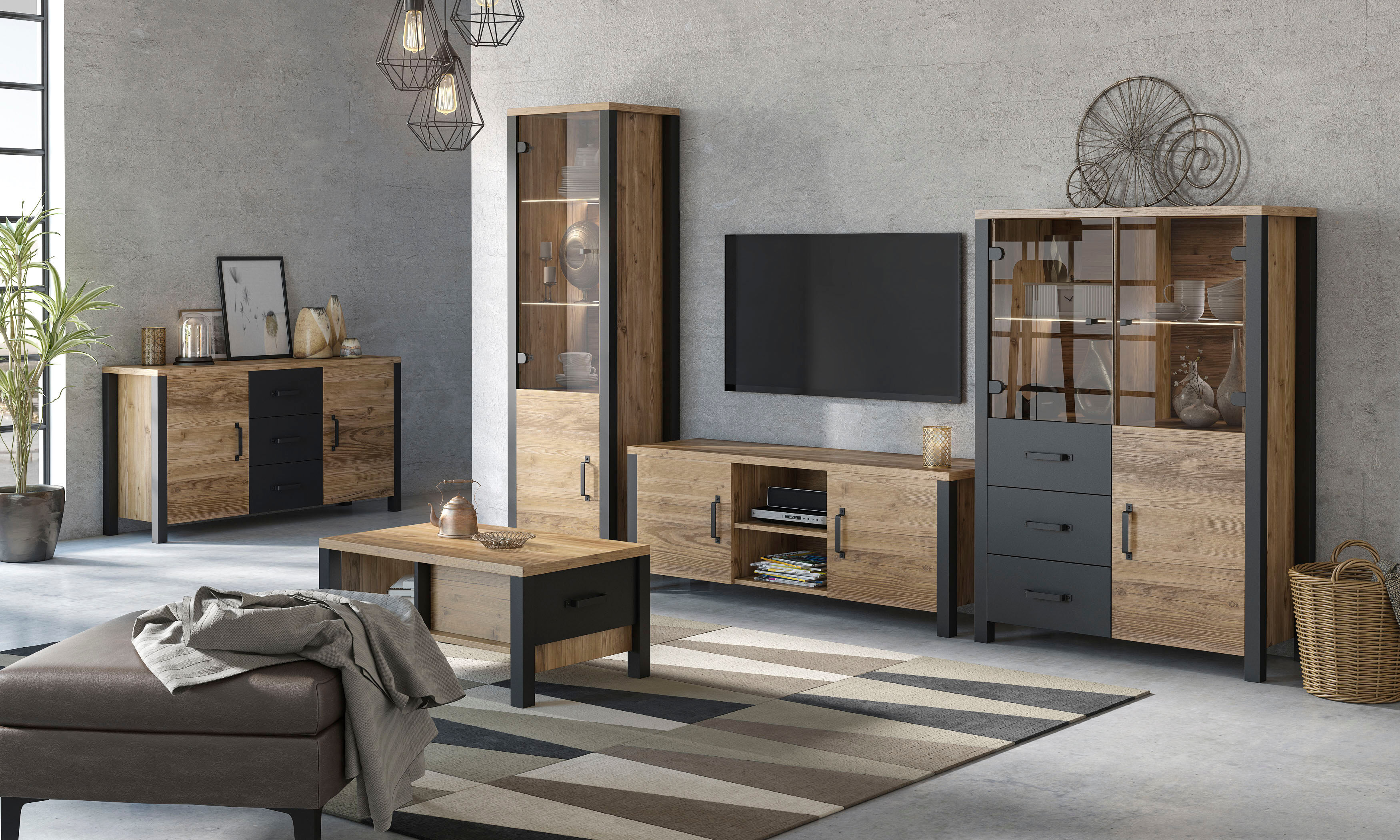 Wohnwand HOME AFFAIRE "Olin", schwarz (appenzeller fichte, appenzeller fichte, schwarz supermatt), B:304cm, Kastenmöbel-Sets, Wohnwand appenzeller fichte, appenzeller fichte, schwarz supermatt B/H/T: 304cmcm