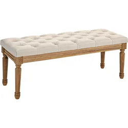 SITZBANK, Polsterbank mit Leinenoptik, Holzbeine für Schlafzimmer, Creme