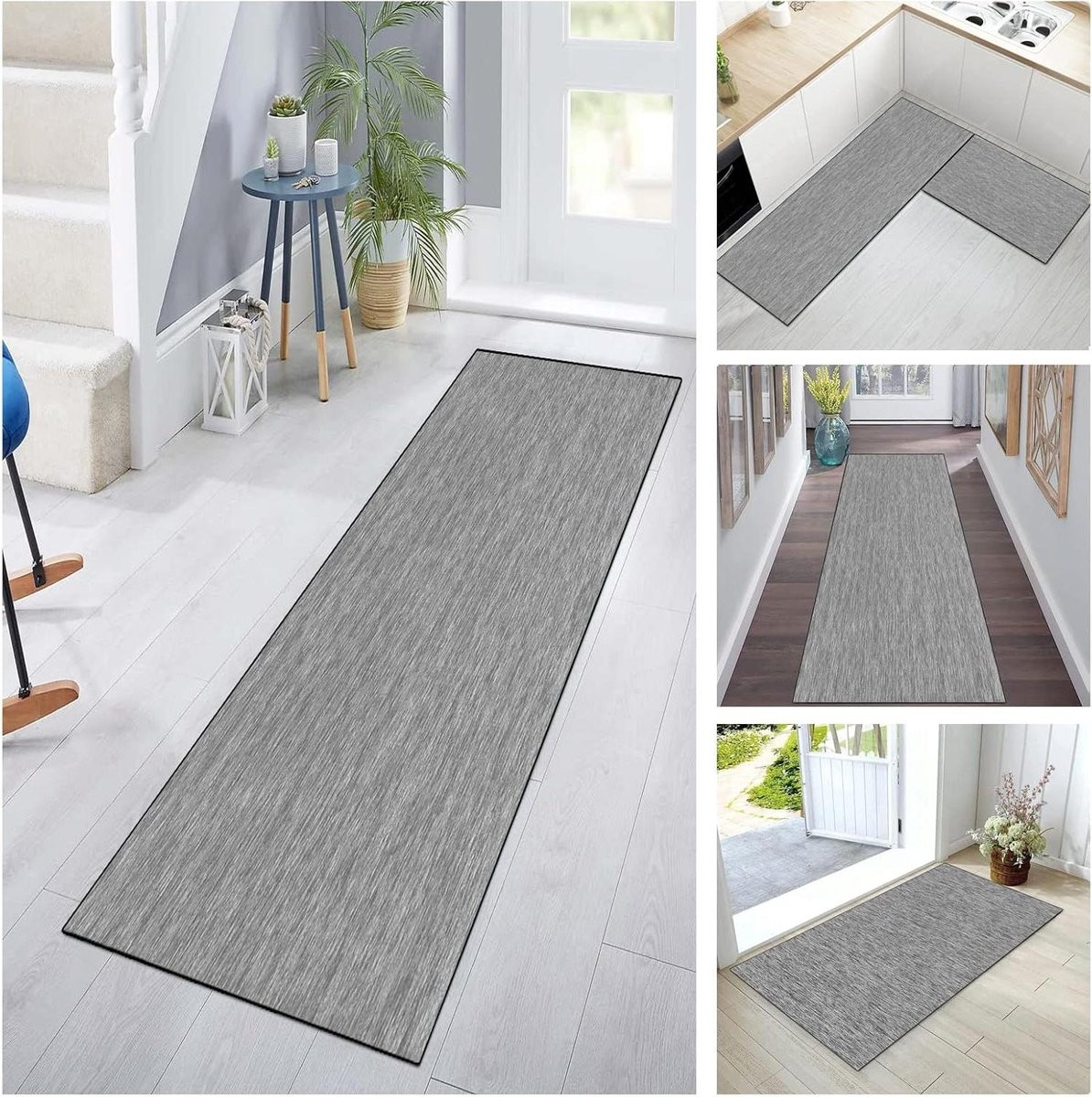 Modern grijs gangkleed van polyester met antisliponderkant, Breedte: 90 cm, Lengte: 300 cm