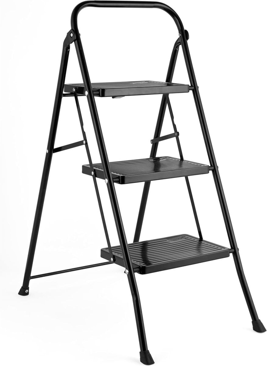 Famanu 3-traps opvouwbare ladder met antislip rubberen poten en handvat, zwart