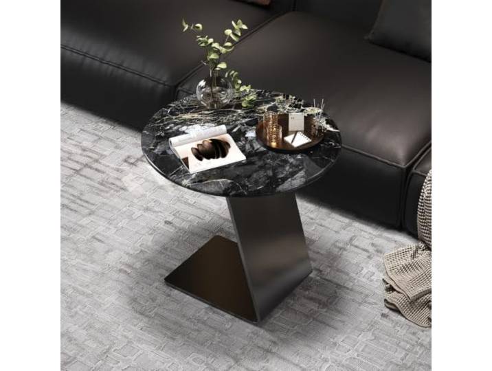 Moderner runder Couchtisch, minimalistische Steinoptik-Platte Wohnzimmer Steinoptik Oberfläche, 304 Stahlrahmen, stabil gebaut, leichte Montage für Wohnräume(A(Marble),19.7in)