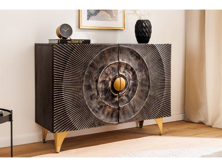 Massives Sideboard GOLDEN SUNSET 100cm schwarz Mangoholz 3D Schnitzerei gold Metall Modern & Design