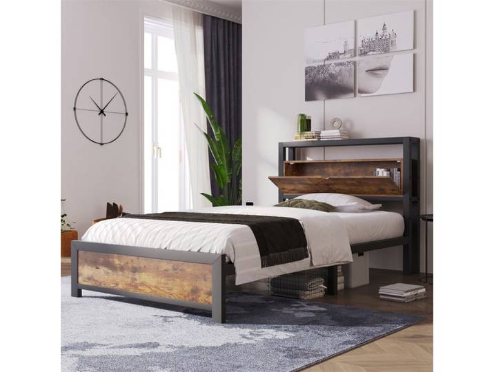 DRIPEX Lit simple métallique 90x200 cm Lit avec tête de lit à rangement et sommier pour enfants adolescents Style industriel