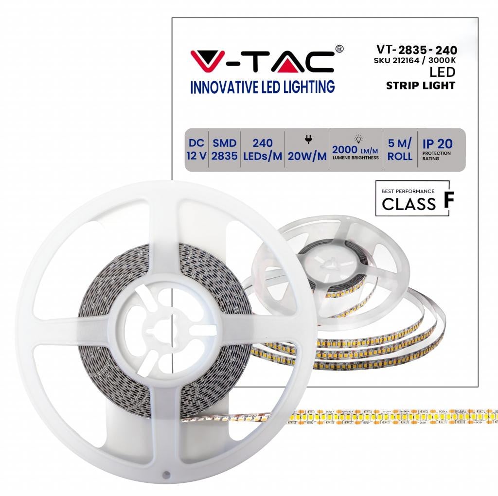 V-TAC LED strip 12V 20W/m SMD2835 Warm wit 3000K 5 meter IP20