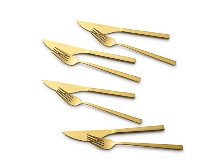 ECHTWERK set de couverts à pizza\, set de couverts à steak\, set de table 8 pièces pour max. 4 personnes\, avec 4 couteaux à pizza et 4 fourchettes à pizza en acier inoxydable\, Gold Edition\, EW-PK-2207G