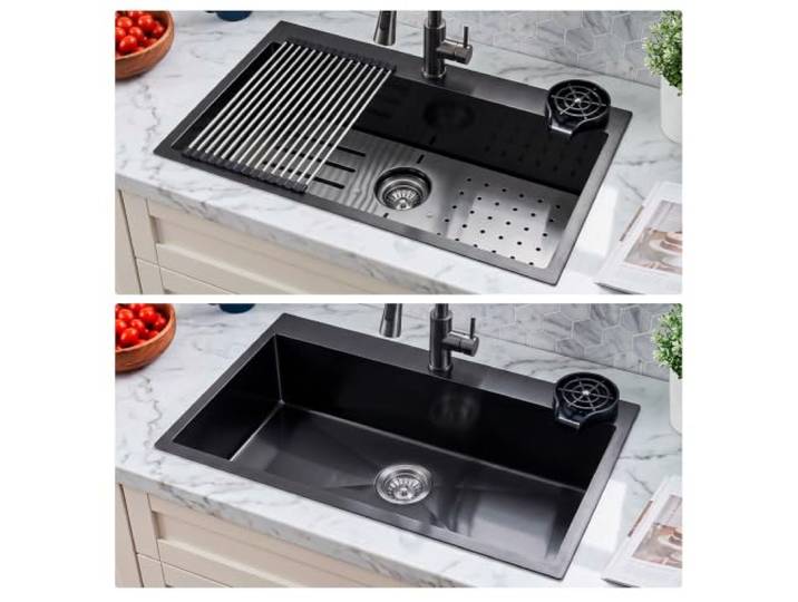 Spülbecken 304 Edelstahl, Nano-Gunmetallgrau Einbauspüle 80x50 cm, Topmount Kleine Spüle mit ausziehbarem Wasserhahn,Glasspüler, Abtropfrost